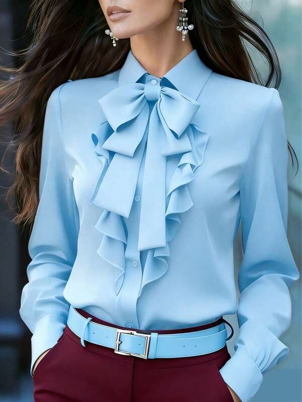 Women's Elegant Long Sleeve Blouse, Light Blue With Tie Collar, Ruffle And Bow Details, Regular Fit Top, Suitable For Work And Everyday Wear, Spring/Autumn
