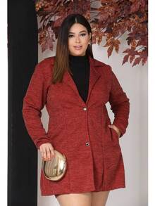 Women's Plus Size Curve Long Ribbed Knit Jacket With Pockets - Elegant Blazer - Autumn Fashion - Terracotta - View 2