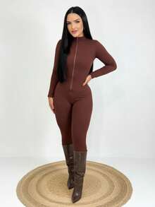 Elegant Women's Virginia Jumpsuit, Seersucker Fabric, With Zipper, Long Sleeves, Suitable For Winter And All Seasons. - 鏽棕色 - 查看 5