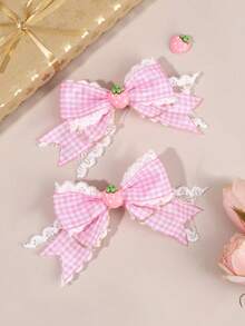 2pcs Strawberry Hair Bows For Women Girls Red Plaid Lace Bow Alligator Clips With Strawberry Accessory Cute Sweet Vacation Bow Hair Clips Adorable Strawberry Checkered Bow Barrettes Women Hair Accessories, Flat Claw Clip, Hair Slide, Hair Claws, Head Accessories, Hairpin - Pink Strawberry - 查看 2