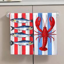 2pcs Striped Towels, Lobster & Sardine Printed Dish Cloths, Super Absorbent Microfiber Decorative Towels, Suitable For Holiday Decoration, Cooking, Baking, Housewarming Gifts And Cleaning Supplies, Applicable To Kitchen, Bathroom, Toilet - Multicolor - View 5