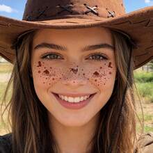 8张牛仔布雀斑脸部临时纹身贴纸，西部牛仔风格防水防汗脸部装饰贴纸，适合音乐节、化装舞会和主题派对 - 彩色 - 查看 3