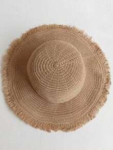 1 chiếc mũ rơm rộng vành kiểu Hàn Quốc dành cho nữ, có tua rua, thoáng khí, thích hợp làm mũ che nắng mùa hè đi biển. - Rơm rạ - Xem 9