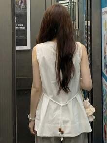 [Y6Y] 女士夏季无袖背心，圆领腰部串珠抽绳设计，适合温柔风格 白色 - 白色 - 查看 2