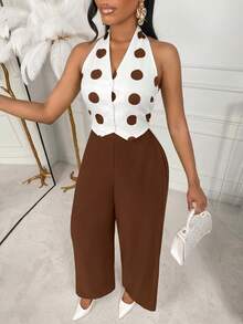 AIJ Amarilo 2026 Spring/Summer Women Green Polka Dot Camisole & Wide Leg Pants 2 Pieces Set - Brown - View 4