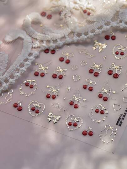 1 Tờ Hình Dán Móng Tay Kim Loại 5D, Hình Nơ & Quả Anh Đào Tinh Tế, Tự Dính, Thích Hợp Cho Việc Tự Làm Phụ Kiện Móng Tay