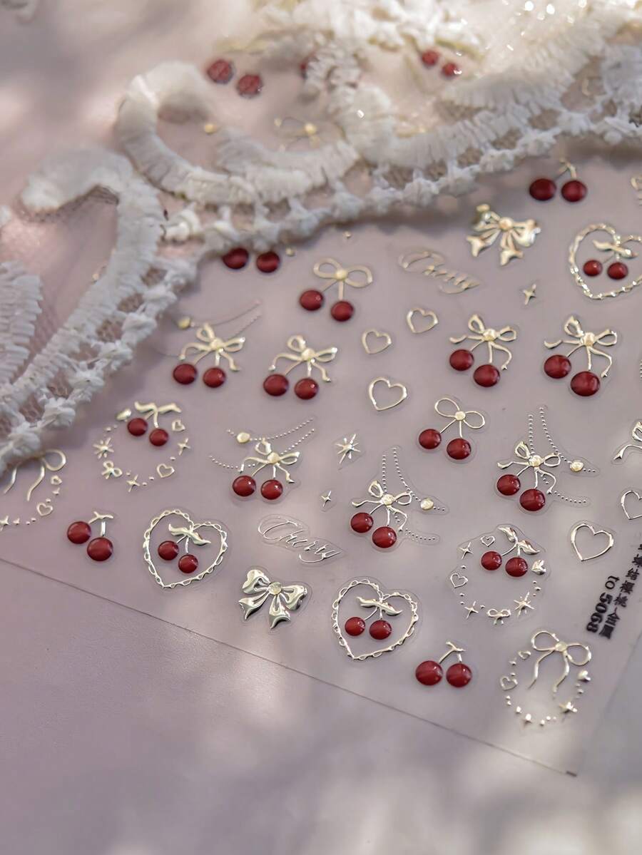 1 Tờ Hình Dán Móng Tay Kim Loại 5D, Hình Nơ & Quả Anh Đào Tinh Tế, Tự Dính, Thích Hợp Cho Việc Tự Làm Phụ Kiện Móng Tay - Nhiều màu - Xem 1