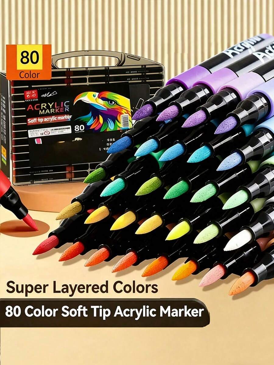 80-Piece/Set Direct Liquid High-Gloss Acrylic Markers, Gel Pens, Large-Capacity Quick-Dry Art Color Pens, Back-To-School, DIY Planner Pen Set, Drawing Set, Study Stationery, Color Markers, Suitable For Ceramics, Glass, Plastic, Wood, Stones, Etc.