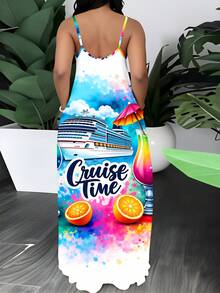 Cruise Time Summer Maxi Dress With Cruise Ship And Cocktail Print For Women Beach Vacation Outfit Casual Wear For Relaxing Holidays And Leisure Activities - 白色 - 查看 3
