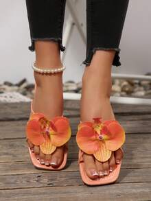 French Style Flower Decor One-Strap Flat Sandals, Suitable For Dates, Shopping, Gatherings, Parties, Commuting, Business, Summer - Coral Orange - View 8