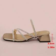 Sandal Hak Tebal Berhiaskan Rhinestone Gaya Prancis, Desain Musim Panas Terbaru dengan Tali Tipis, Melangsingkan, Modis, Serbaguna, Hak Tinggi yang Elegan - Emas - View 10