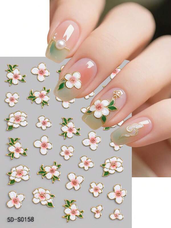 5D reliëf bloemen nagelstickers - Gouden rand roze witte bloemen nagelstickers, zelfklevende 3D nagelstickers in Chinese stijl voor bruiloften en feesten, zelfklevende nagelbenodigdheden doe-het-zelf nagelaccessoires voor salon en thuis