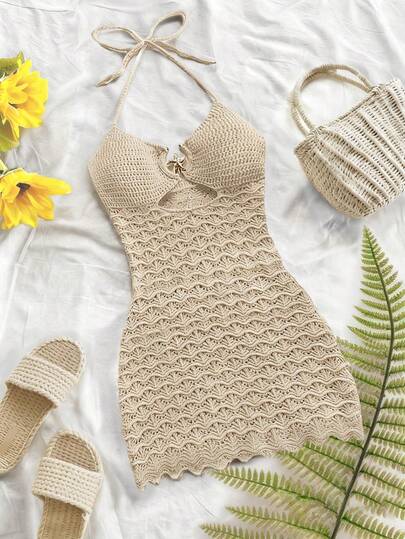 Free Form Spring/Summer New Elegant Casual Solid Color Knit Dress For Women, Suitable For Vacation, Sexy, Beach, Date, Seaside