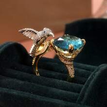 Vintage Elegant 3D Hummingbird Open Ring, Dual-Tone Ring With Synthetic Aquamarine Zirconia Stone, Perfect Gift For Women And Girls - Gold - View 2