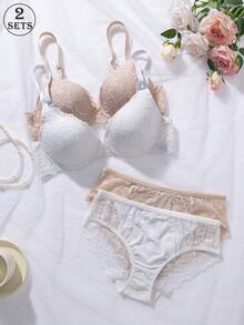 Bộ 2 áo ngực và quần lót ren trắng & nude dành cho nữ, áo ngực nâng ngực có gọng cỡ 3/4, nội y gợi cảm, thoáng khí, mềm mại, co giãn, phù hợp cho mặc hàng ngày, đồ ngủ và các dịp thường ngày. - Nhiều màu - Xem 2