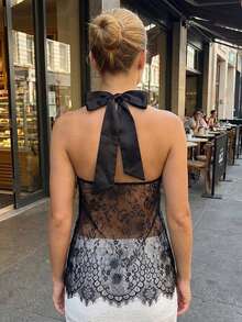 Top de encaje para mujer, elegante, de color liso, de malla transparente, ajustado, sin espalda, sin mangas. - Negro - Ver 2