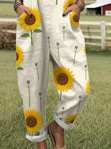Sunflower Dandelion All-Over Print Women's Adjustable Strap Jumpsuit, Polyester Fiber Fabric, Lightweight And Breathable, Women's Clothing, Standard Size Jumpsuit, Plus Size Women's Clothing, Plus Size Jumpsuit And Romper, Plus Size Jumpsuit - Nhiều màu - Xem 2