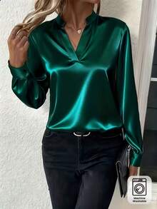 Solid Color Notched Collar Elegant Long Sleeve Office Shirt, Spring/Summer - Green - View 3