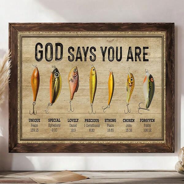 1PC Vintage Lures Rustic Fishing Canvas Wall Art,Christian 'God Says You Are' Quote Canvas Poster Print, Farmhouse Decor, Cabin Lake House Wall Art,And Home Decorations,Without Frame