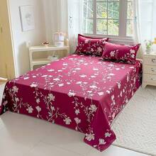 三件套花卉印花床上用品（含枕套，不含枕芯），100% 涤纶印花床单和床罩，可机洗，柔软耐用，适用于卧室或客房，现代简约家居床上用品。 - 酒紅玉枝 - 查看 9