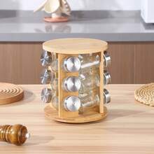 A Kitchen Bamboo Wood Bottom Multifunctional Spice Rack New Home Rotating Spice Rack Multi-Grid Round Square Bamboo Spice Rack - Wood Color (round) - View 2