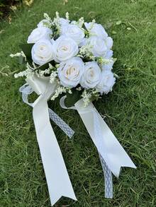 Bó hoa cưới cô dâu/phù dâu kiểu phương Tây, hoa hồng nhân tạo, bó hoa giả lá xanh, phụ kiện hoa nụ ren cho chụp ảnh cưới ngoài trời, phụ kiện ném hoa cô dâu trong tiệc cưới ngày Valentine. - Nhiều màu - Xem 5