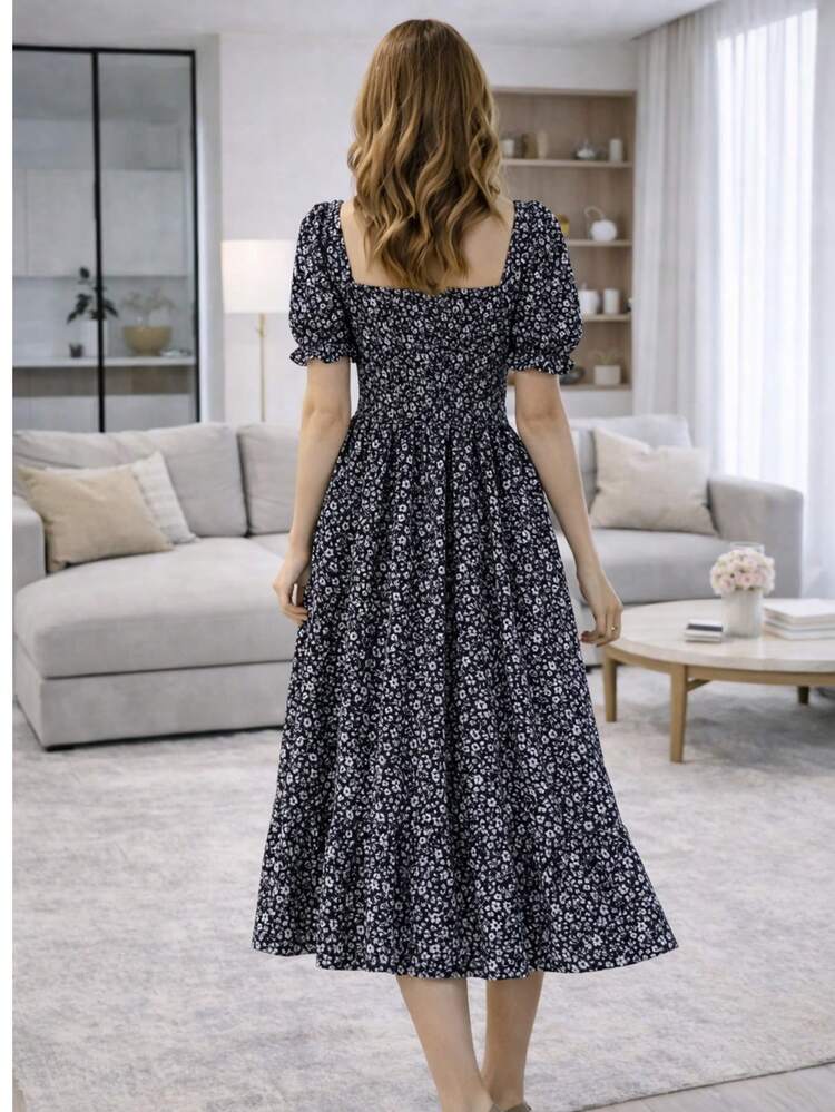 Women's Midi Dress With Princess Sleeves And Floral Print - Evangelical Fashion - 磨砂黑 - 查看 5