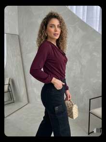Women's Long-Sleeved Blouse With Draped Neckline And Cowl Neck, Ideal For Events, Work, And Parties - Winter - 酒紅色 - 查看 2