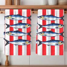 2pcs Striped Towels, Lobster & Sardine Printed Dish Cloths, Super Absorbent Microfiber Decorative Towels, Suitable For Holiday Decoration, Cooking, Baking, Housewarming Gifts And Cleaning Supplies, Applicable To Kitchen, Bathroom, Toilet - Multicolor - View 4