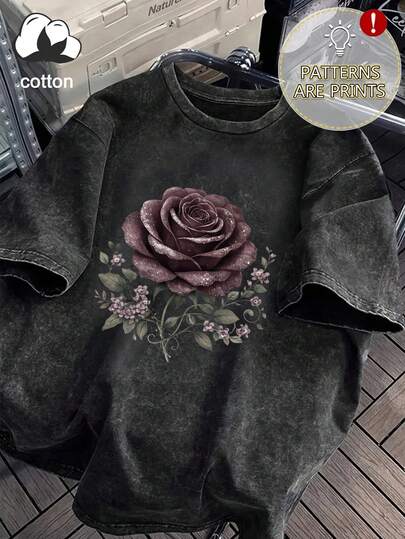 Plus Size Women's Round Neck Short Sleeve Casual T-Shirt, Wine Red Rose Print, Suitable For Valentine's Day And Back To School Season Black