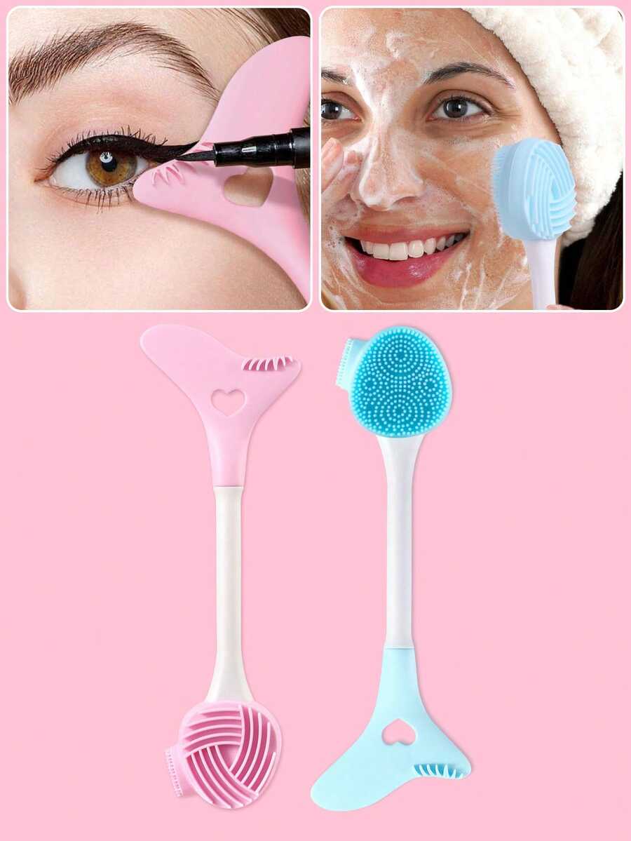 Cepillo de limpieza facial de silicona 2 en 1 + aplicador de maquillaje de ojos, exfoliante manual para limpieza profunda de poros y exfoliación - Cepillo facial suave, suave para todo tipo de piel, eliminación de puntos negros, también adecuado para principiantes en maquillaje de ojos, delineador, debajo de los ojos, sombra de ojos, cepillo de silicona 2 en 1 para mascarilla de barro y cepillo para pestañas inferiores, cepillo para mascarilla facial