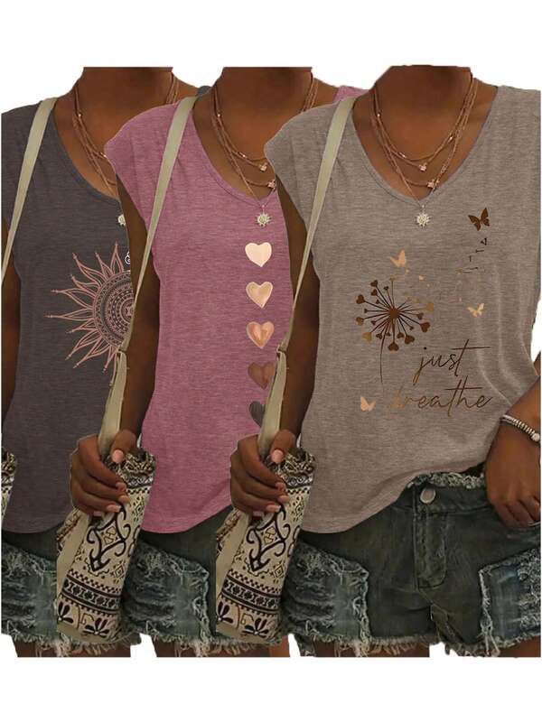 3pcs/Set Women's Fashion Spring/Summer New Placement Print V-Neck T-Shirt, Loose Casual Tops Undershirt, Comfortable & Stylish - Suitable For Spring/Summer Daily And Home Wear
