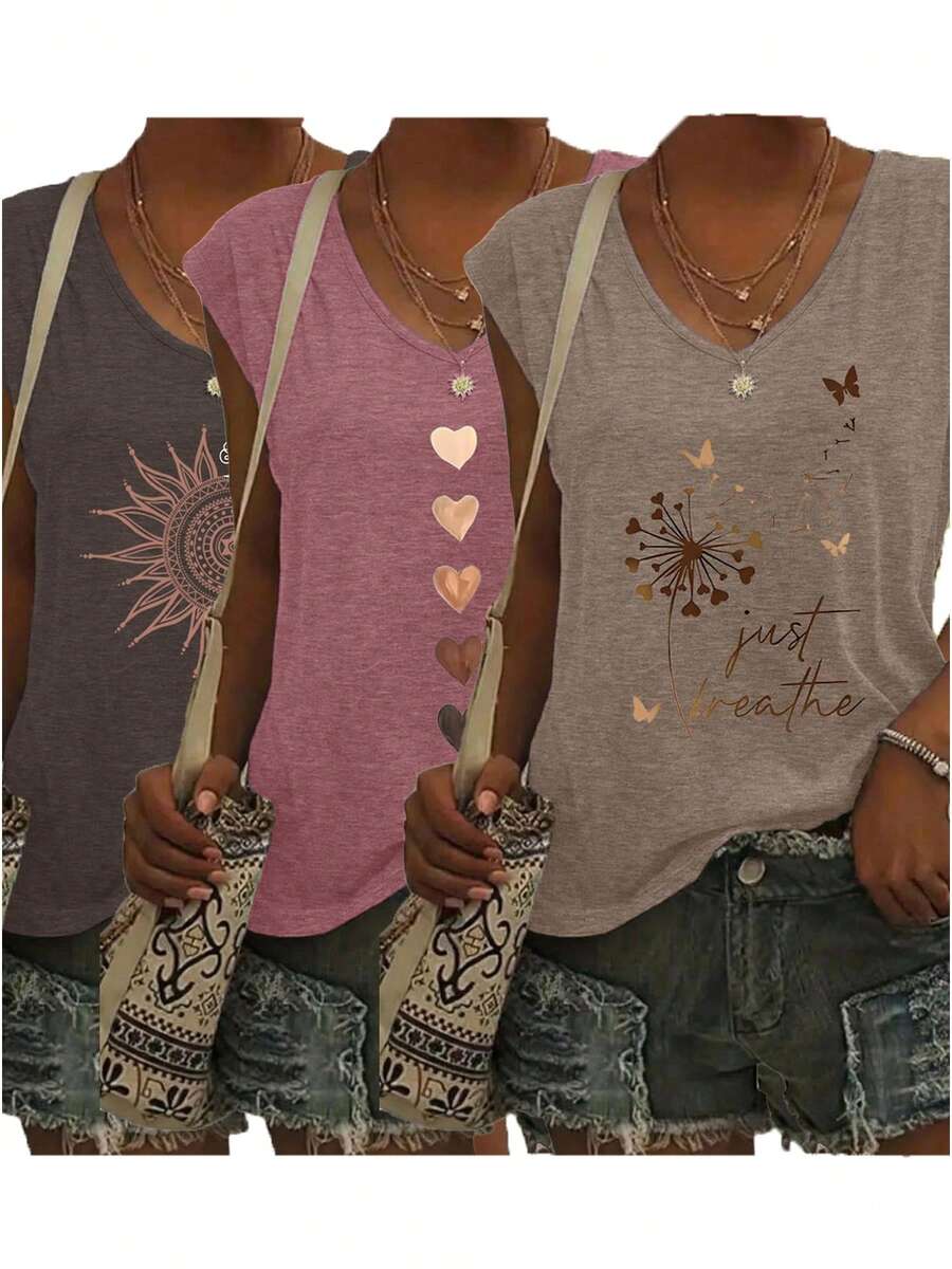 3er Set Damen Mode bedrucktes V-Ausschnitt T-Shirt, lockeres lässiges Top Basisschicht T-Shirt - geeignet für den täglichen Gebrauch und Zuhause im Sommer