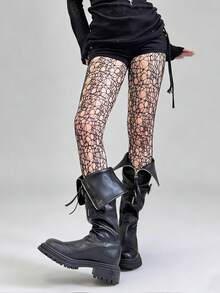 1双蕾丝镂空长筒袜，轻薄夏季白色/黑色不对称渔网袜，性感连裤袜，复古朋克Y2K风格，女士款 - 彩色 - 查看 12