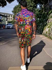 A Set Of Men's Short-Sleeve Cuban-Collar Shirt And Beach Pants, Lively And Playful, Woven Fabric, Lightweight And Quick-Drying, For Relatives And Friends, Suitable For Pool Parties In Summer, Colorful Mushroom Fantasy Print - Nhiều màu - Xem 4