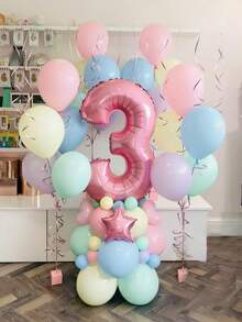 28pcs Pink Number Balloon Set, 32-Inch 0-9 Number Foil Balloons & Macaron Latex Balloons, Suitable For Birthday Party, Anniversary Decoration - Multicolor - View 1