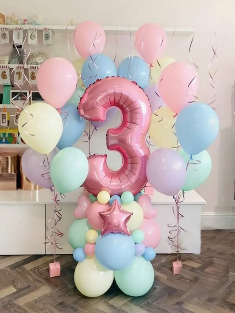 28pcs Pink Number Balloon Set, 32-Inch 0-9 Number Foil Balloons & Macaron Latex Balloons, Suitable For Birthday Party, Anniversary Decoration - Multicolor - View 1