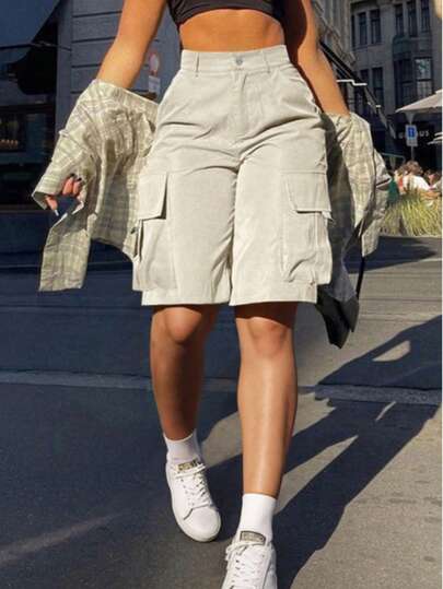 Plus Size Women Solid Color Casual Utility Shorts, Versatile For Daily Wear Summer