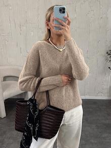 Áo len nữ dáng rộng thoải mái, chất liệu len cơ bản, thích hợp mặc mùa đông. - Lạc đà - Xem 3