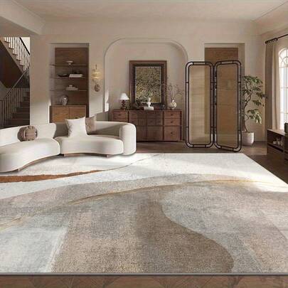 1 件装现代简约风格米棕色烫金弧形抽象水墨艺术图案地毯。天鹅绒面料，约 850 克，厚 0.6 厘米。耐磨、防滑、易清洁。多种尺寸可选。适用于厨房/客厅/餐厅/卧室/阳台/浴室/书房。完美的家居装饰之选。