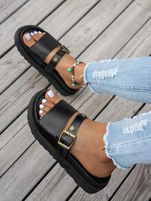 Women's Rivet Decor Thick Sole Comfortable Versatile Slide Sandals With Metal Buckle, Suitable For Summer Outdoor Wear - Black - View 3