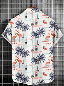 Áo sơ mi nam kiểu Hawaii, áo tay ngắn in hình hoa hồng hạc, cây cọ và thuyền buồm, thoáng khí, thích hợp cho kỳ nghỉ hè ở bãi biển. - Nhiều màu - Xem 2