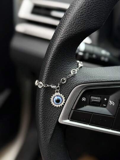 1件蓝色恶魔之眼水晶链条方向盘装饰内饰配件