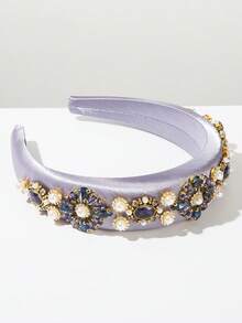 1pc Korean Fashion Elegant Satin Fabric Sponge Wide-Brimmed Headband, Luxury Rhinestone Faux Pearl Decor, High-Quality Versatile Headpiece For Women,Summer,Hair Accessaries,Holiday - Purple - View 3