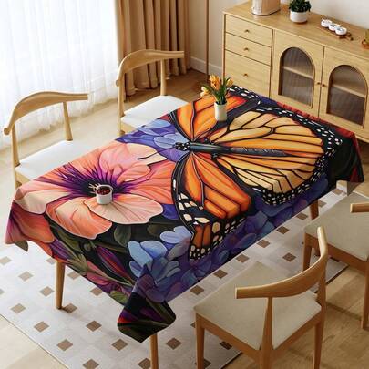 1pc Elegant Butterfly Pattern Printed Tablecloth - 100% Polyester, Rectangular, Woven, Suitable For Home Kitchen Dining Room, Party Dinner, Picnic, Date, Wedding, Theme Party Decoration, Indoor And Outdoor Use