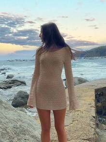 Women's Solid Color Sexy Hollow-Out See-Through Backless Long Sleeve Cover Up, Short Beach Dress, Spring/Summer Vacation - 卡其色 - 查看 7