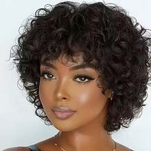 Short Curly Human Hair Wigs For Black Women Glueless Bouncy Curly Bob Wig With Bangs Big Curl Natural Looking Human Hair Wig For African American Women 8 Inch - 1B - 查看 3