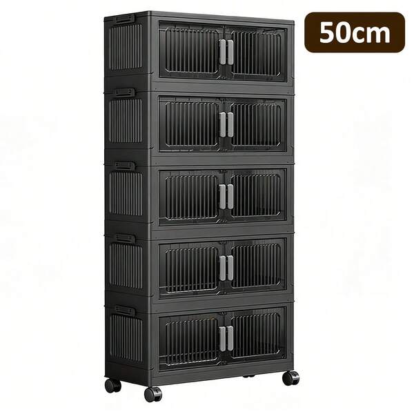Stackable And Foldable Storage Bins With Lids, Closet Organizers And Storage Boxes With Doors, Plastic Containers For Bedroom And Dorm Organization(50cm).