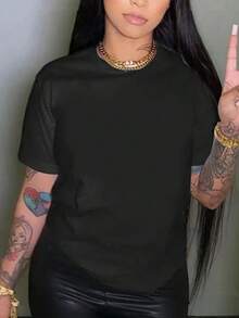 Impala Camiseta de manga corta con cuello redondo, de color sólido, de talla grande. - Negro - Ver 4