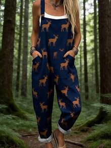 Elk All-Over Print Women's Adjustable Strap Jumpsuit, Polyester Fiber Fabric, Lightweight And Breathable, Women's Clothing, Standard Size Jumpsuit, Plus Size Women's Clothing, Plus Size Jumpsuit And Romper, Plus Size Jumpsuit - 彩色 - 查看 1
